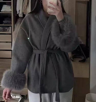 Drune | Damen-Wollmantel mit weiten Ärmeln und Teddy-Puffern Carmela