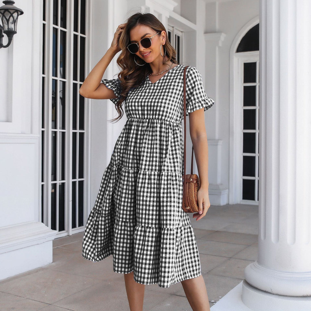 Drune | Karierter Midi-Kleid mit Gestuftem Rock und Kurzen Ärmeln