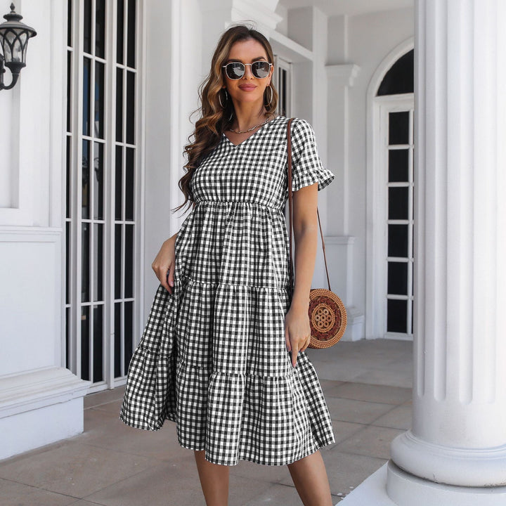 Drune | Karierter Midi-Kleid mit Gestuftem Rock und Kurzen Ärmeln