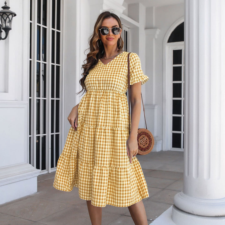 Drune | Karierter Midi-Kleid mit Gestuftem Rock und Kurzen Ärmeln