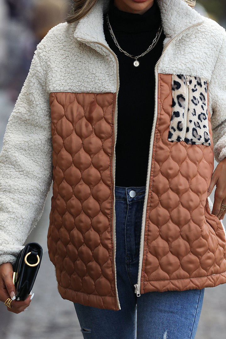 Drune | Sherpa-Jacke mit Stehkragen und Reißverschluss mit Leopardenmuster