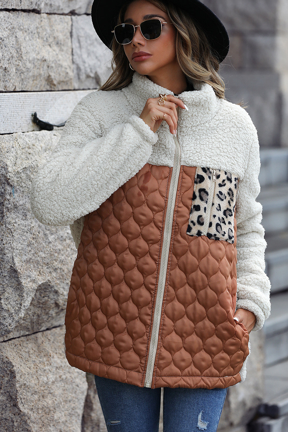 Drune | Sherpa-Jacke mit Stehkragen und Reißverschluss mit Leopardenmuster