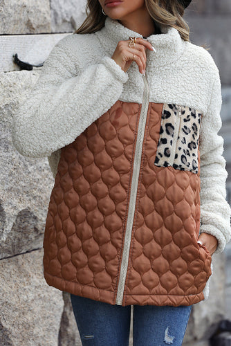Drune | Sherpa-Jacke mit Stehkragen und Reißverschluss mit Leopardenmuster
