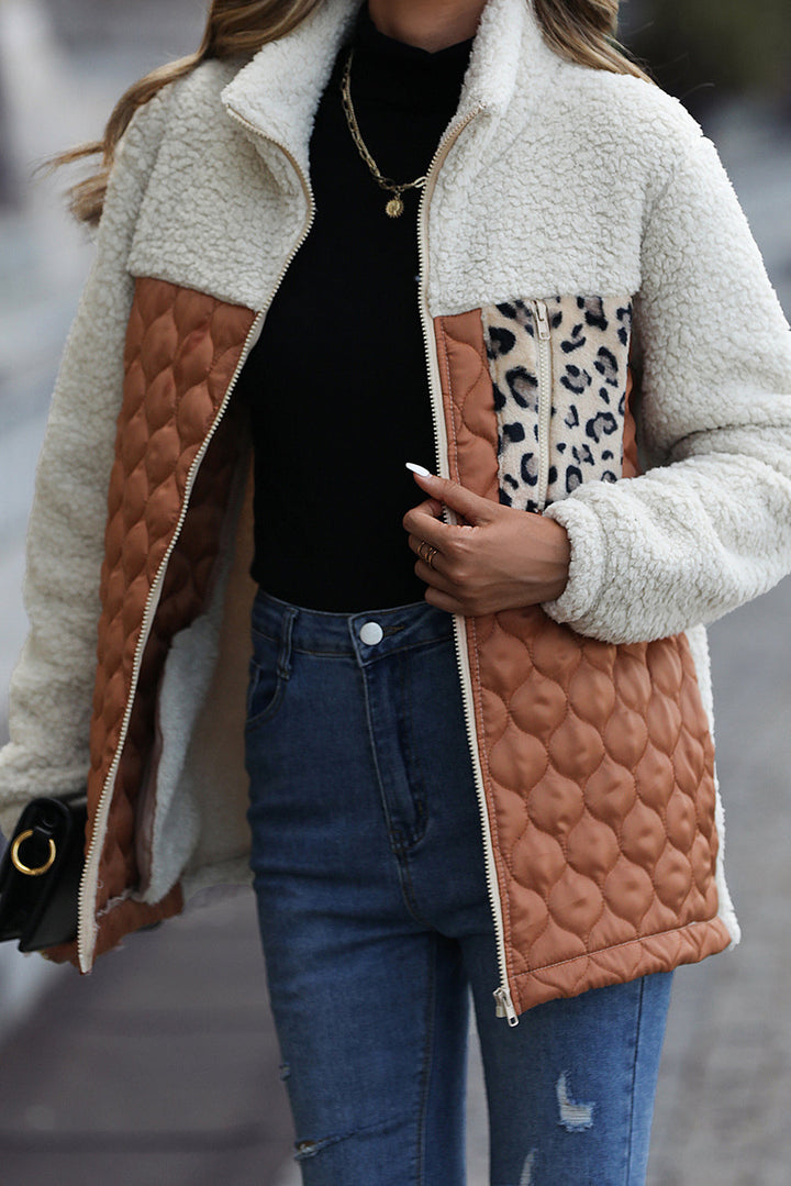 Drune | Sherpa-Jacke mit Stehkragen und Reißverschluss mit Leopardenmuster