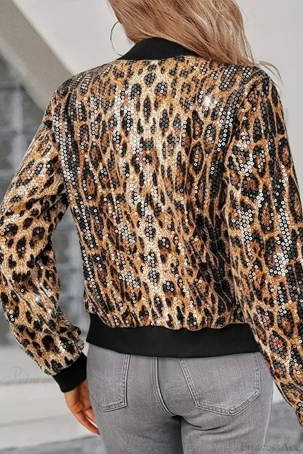 Drune | Pailletten-Leopardenmuster Baseball Kurze Jacke