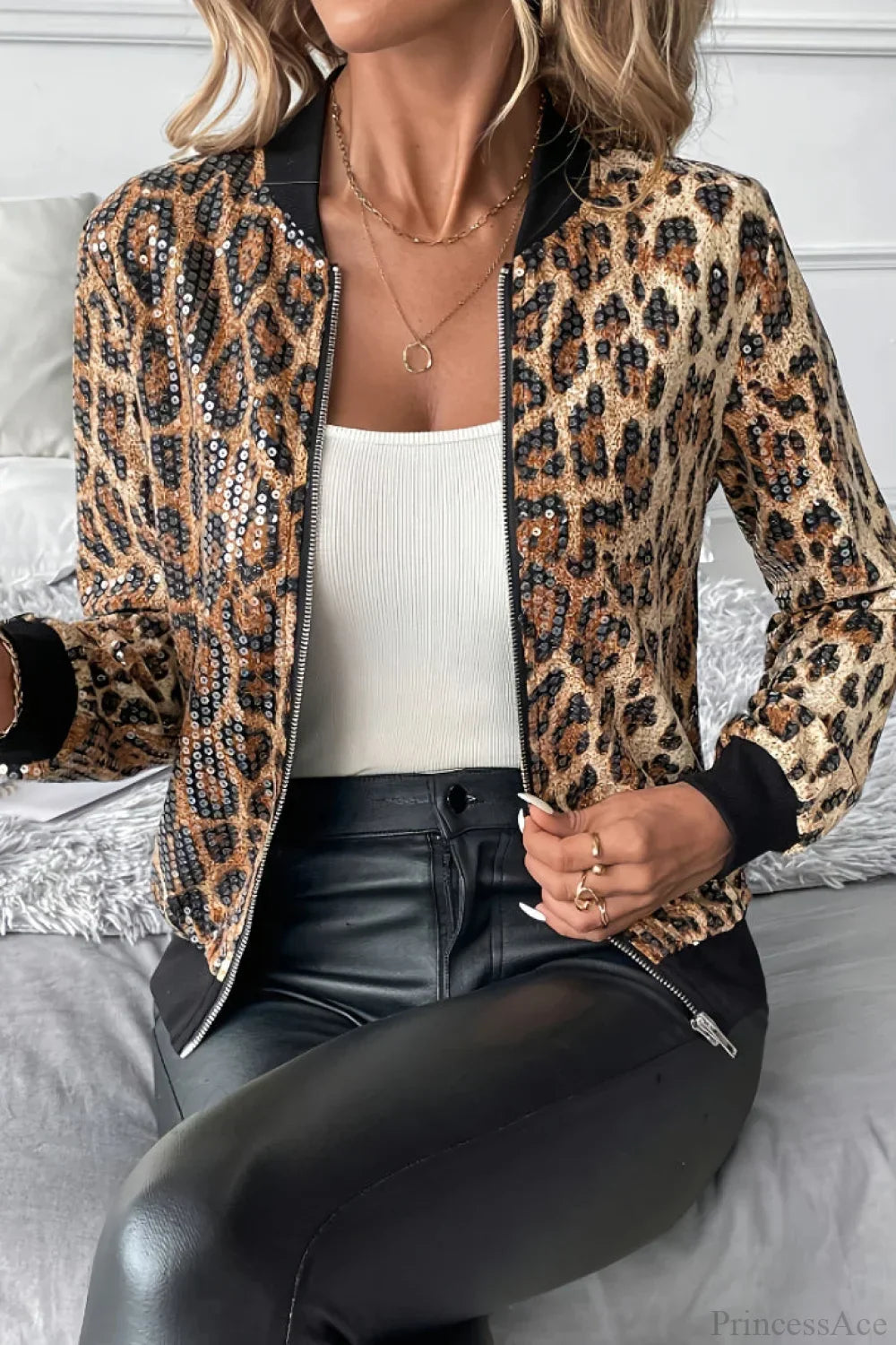 Drune | Pailletten-Leopardenmuster Baseball Kurze Jacke