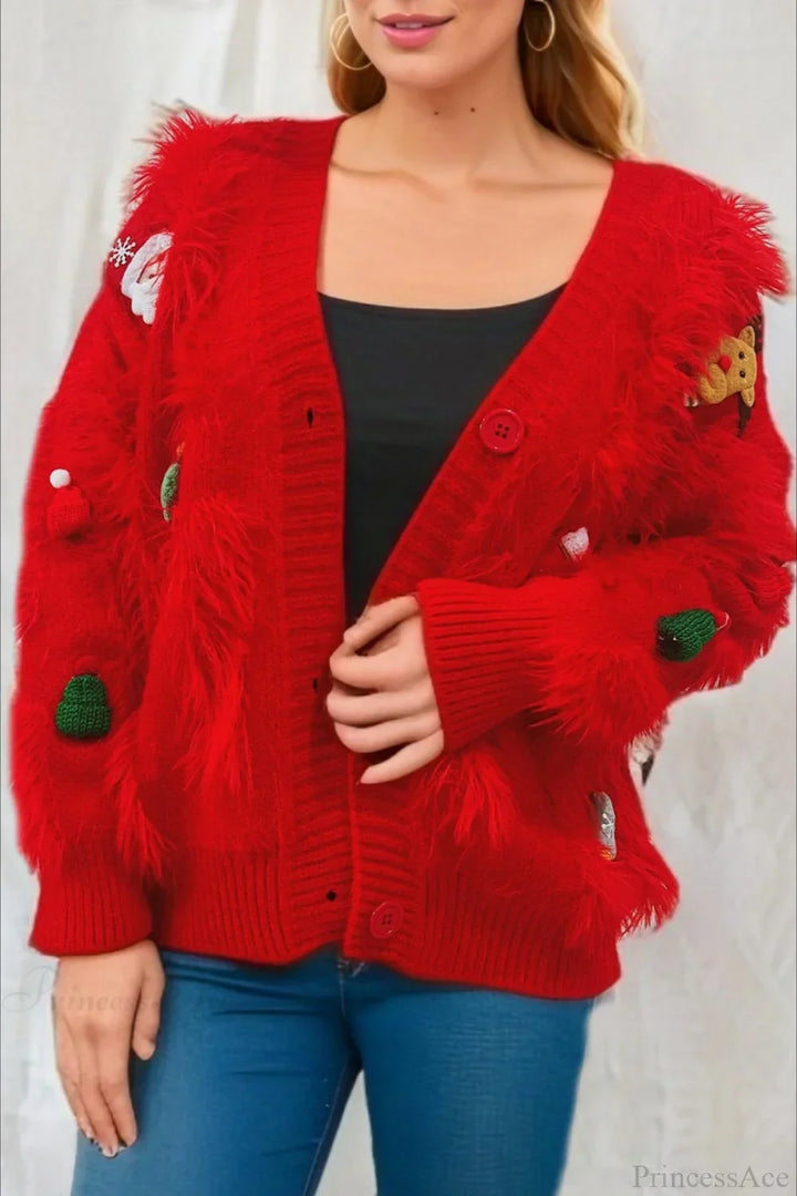 Drune | Weihnachten Mink Fleece 3D Trim Einreiher Cardigan Sweater