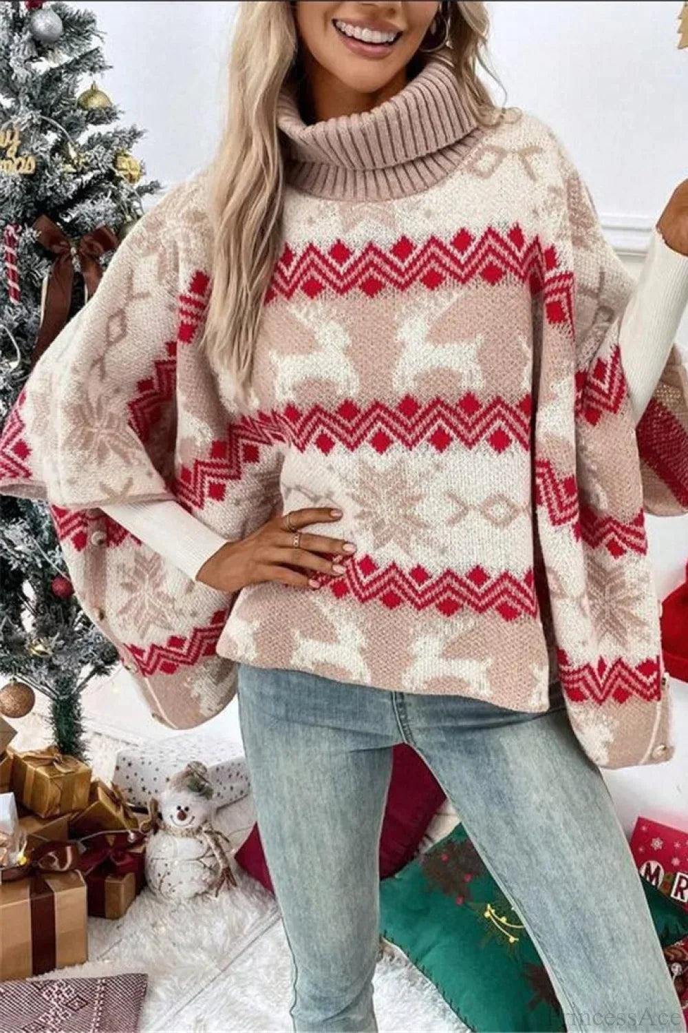 Drune | Weihnachts-Elch Hoher Kragen Kontrast Fledermausärmel Pullover