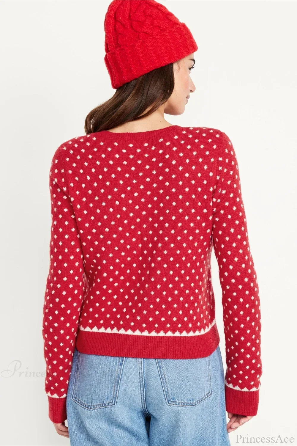 Drune | Weihnachtsrot gepunktet Punkte Schneebedeckter Langarmpullover