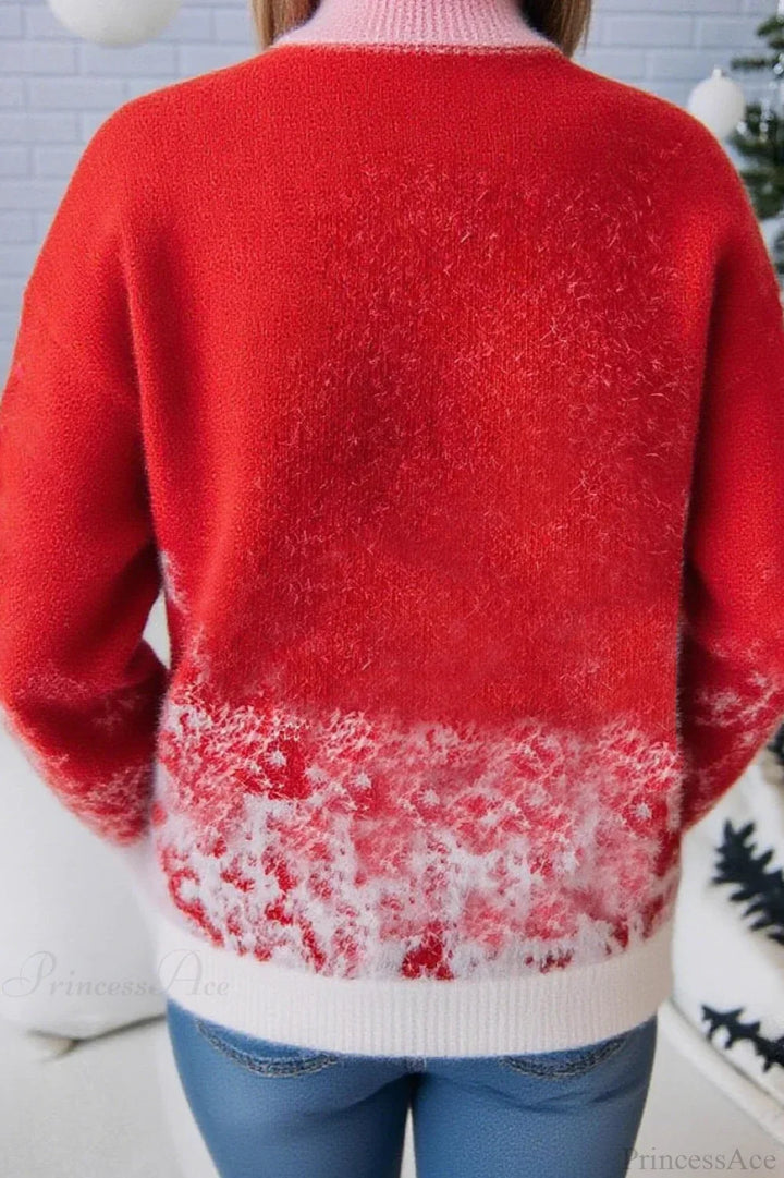 Drune | Weihnachtsrote Schneeflockenmuster Rollkragen Weitgeschnittene Pullover