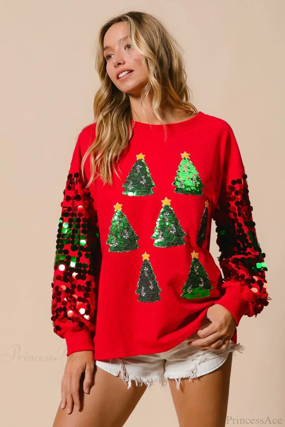 Drune | Weihnachts Pailletten Langarm Lässiges Sweatshirt