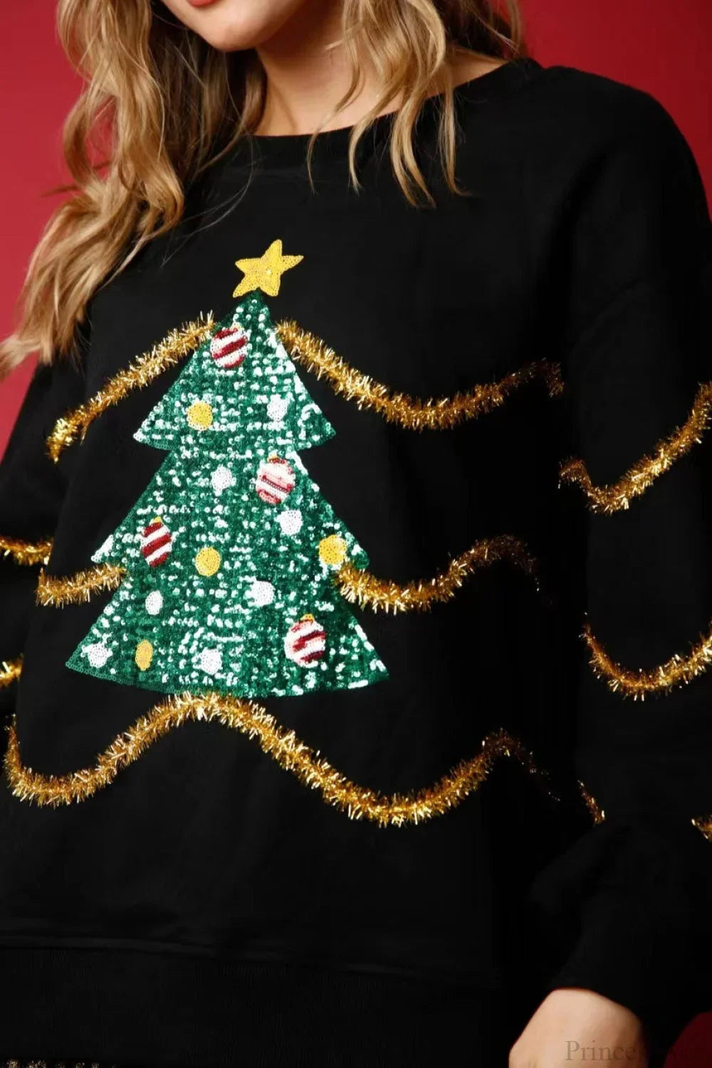 Drune | Weihnachtsbaum Paillette Lässig Lockere Lange Ärmel Tee
