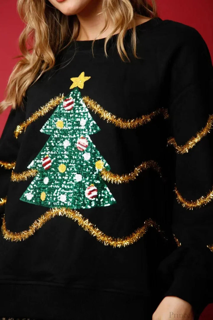 Drune | Weihnachtsbaum Paillette Lässig Lockere Lange Ärmel Tee