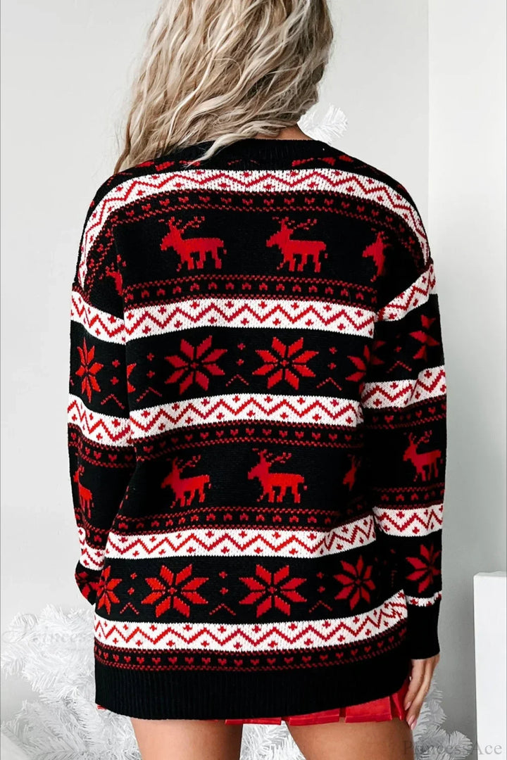 Drune | Weihnachts V Hals Elch Jacquard Farbblock Strickpullover