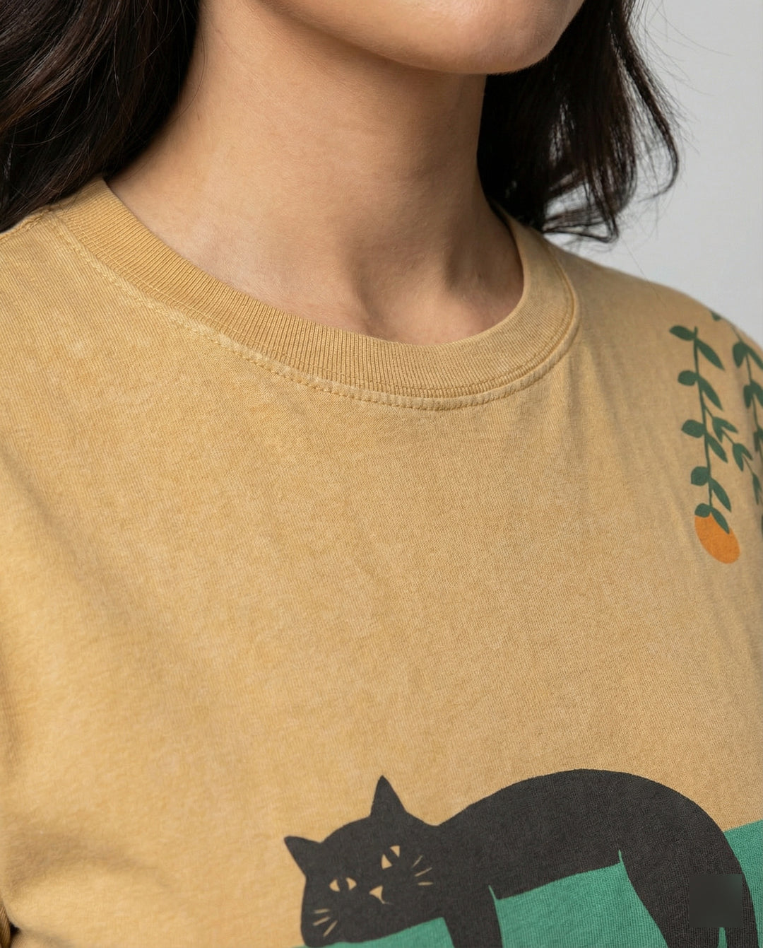 Drune - Damen Zweifarbiges Katzenmotiv T-Shirt Lockerer Schnitt