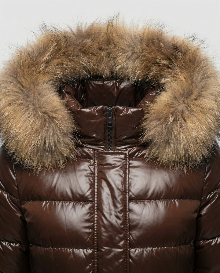 Damen Winterdaunenjacke mit abnehmbarer Kapuze und luxuriösem Fellkragen Drune