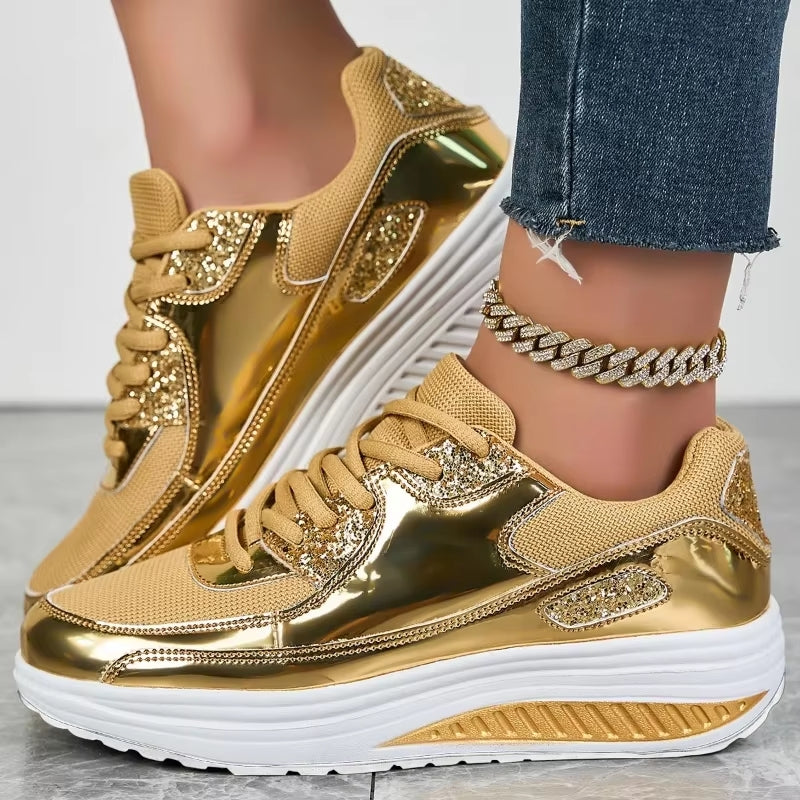 Drune | Damen goldene Schnürsenkel Plattform Sneaker