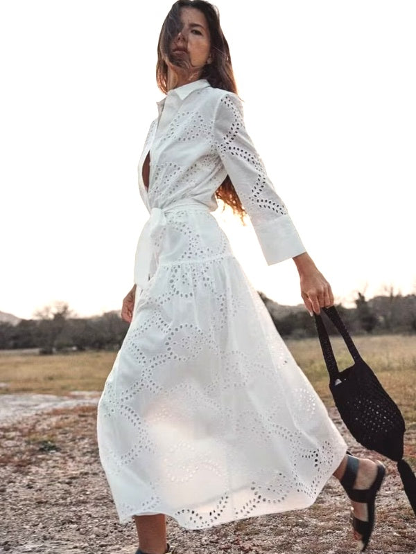 Drune | Stilvolles Weißes Damen Chic Loch Midi Kleid
