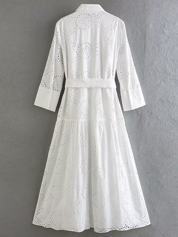 Drune | Stilvolles Weißes Damen Chic Loch Midi Kleid