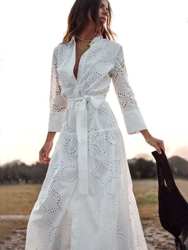 Drune | Stilvolles Weißes Damen Chic Loch Midi Kleid