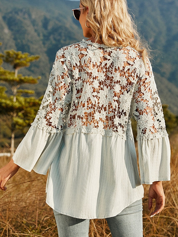 Drune | Damen Hollow Vintage Spitze Lockere Bluse