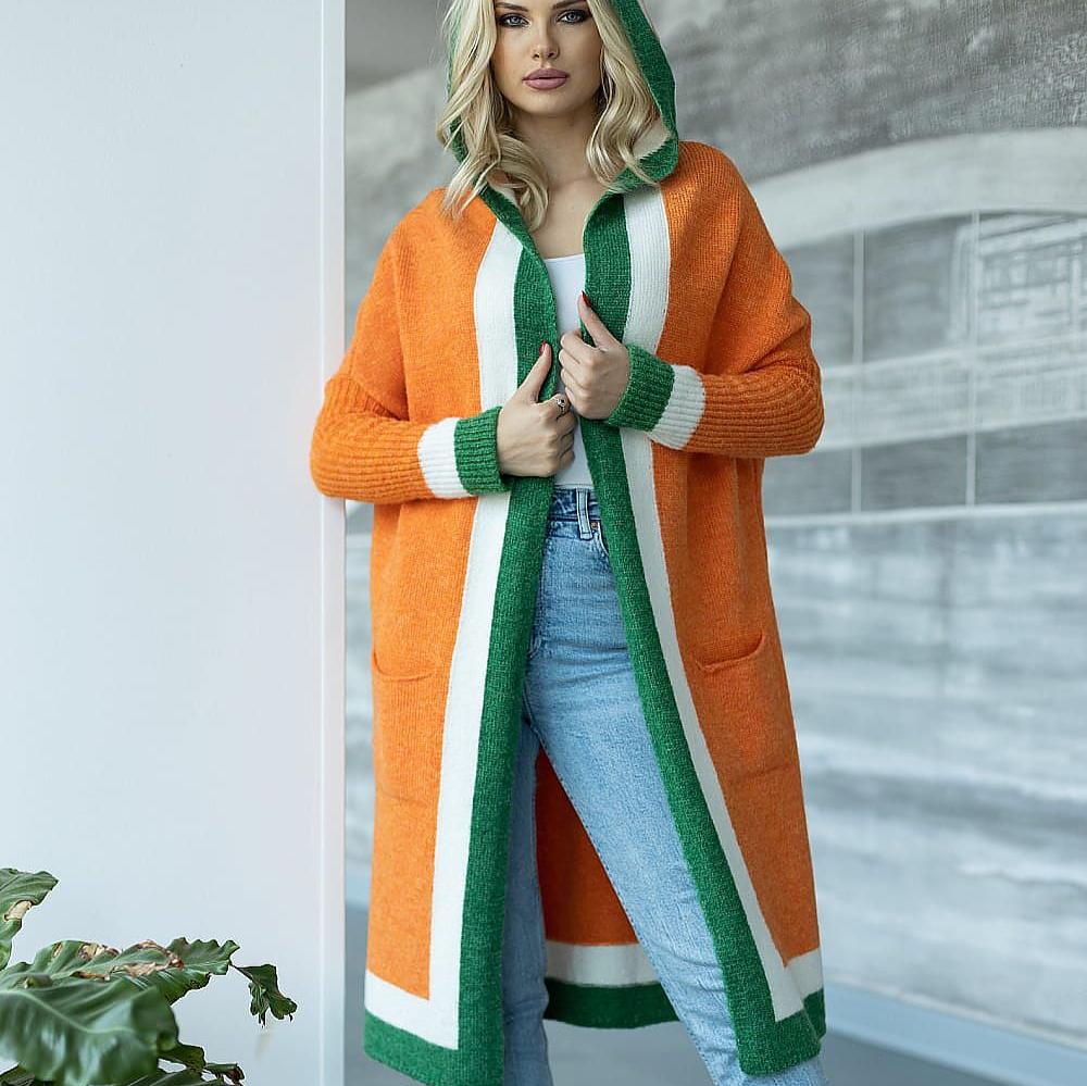 Drune | Langer Strickcardigan mit Kapuze Weich und Stilvoll Kontrastdetails