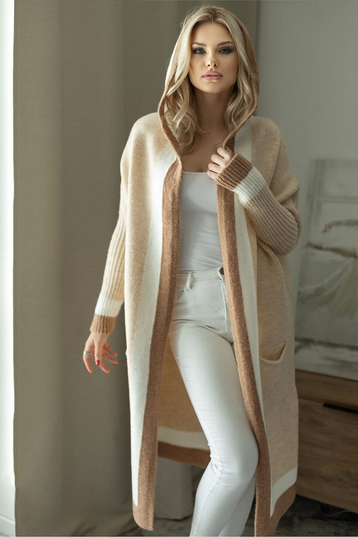 Drune | Langer Strickcardigan mit Kapuze Weich und Stilvoll Kontrastdetails