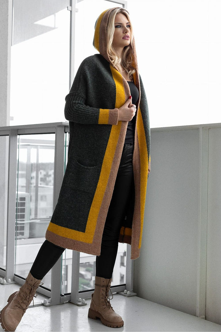 Drune | Langer Strickcardigan mit Kapuze Weich und Stilvoll Kontrastdetails