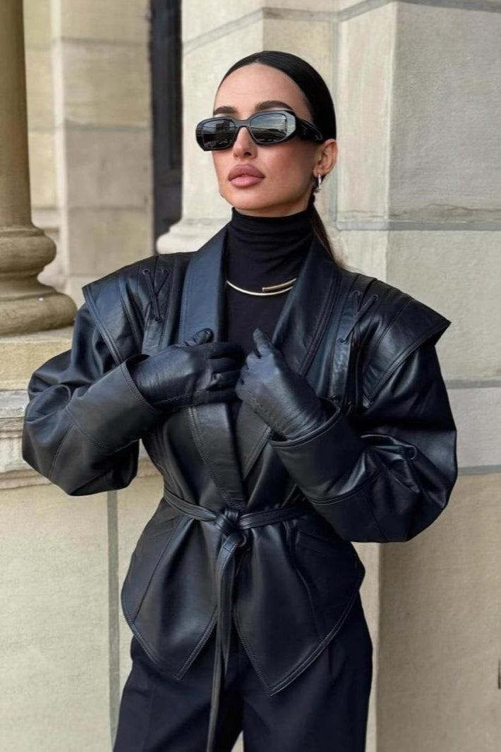 Drune | Gürtelted PU-Lederjacke