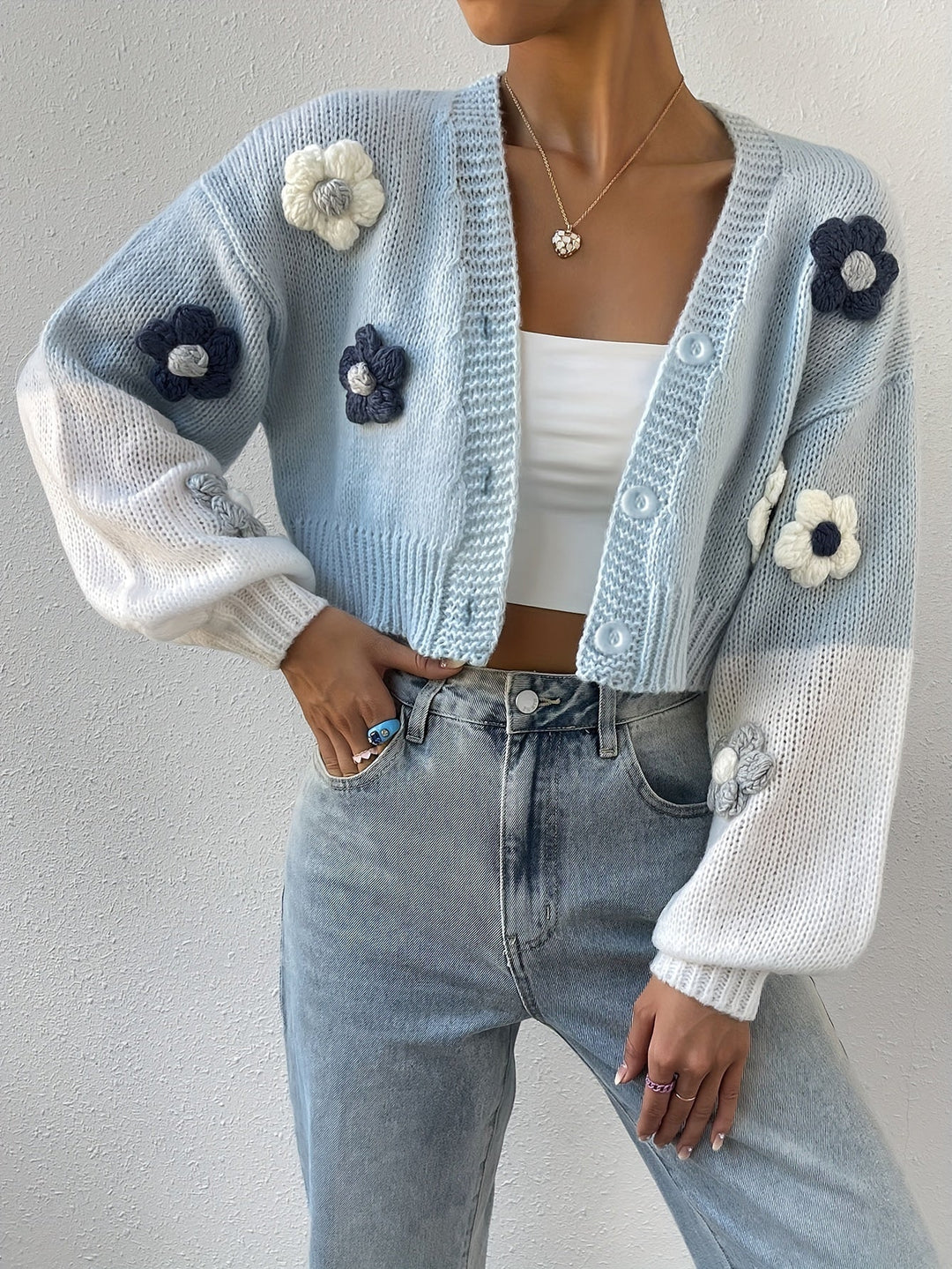Drune | stilvoller blumenverzierter warmer Baumwollstrickwaren-Cardigan für Damen - Perfekt für den Alltag