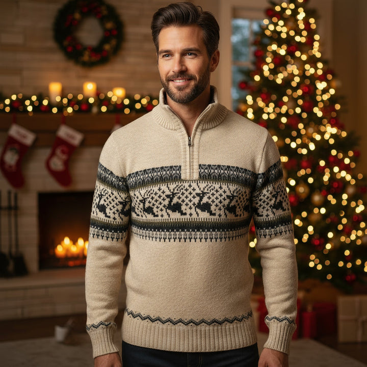 Drune | Winterpullover für Herren - warmer gestrickter Pullover mit halbem Reißverschluss & skandinavischem Rentiermuster