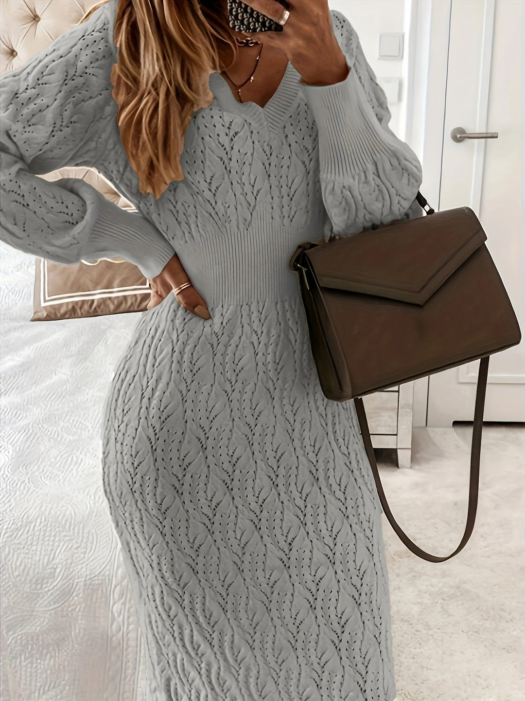 Drune |  Baumwolle Solide Loch Pullover V-Ausschnitt Lange Ärmel Midi Formelles Kleid Für Damen - Ideal für formelle Anlässe
