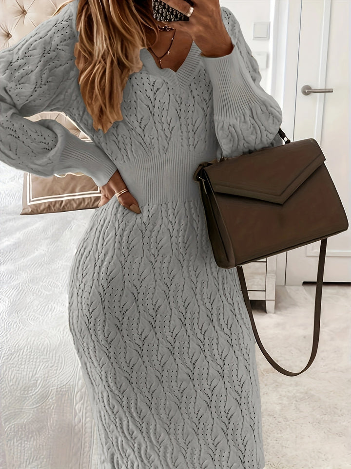 Drune |  Baumwolle Solide Loch Pullover V-Ausschnitt Lange Ärmel Midi Formelles Kleid Für Damen - Ideal für formelle Anlässe