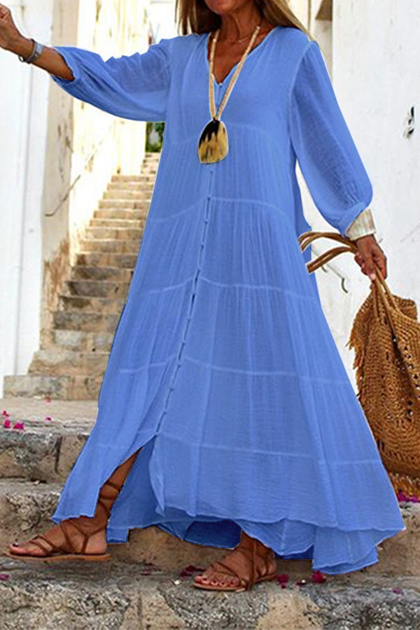 Drune | Seraphina Baumwoll-Leinen-Mischung Knopf-Up Gestuftes Maxikleid
