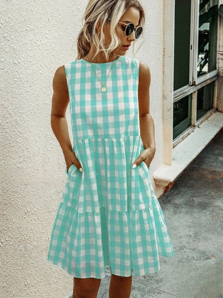 Drune | Mode, Locker Geschnittenes Damenkleid mit Rundhalsausschnitt, Kariert Pastelmittelrock