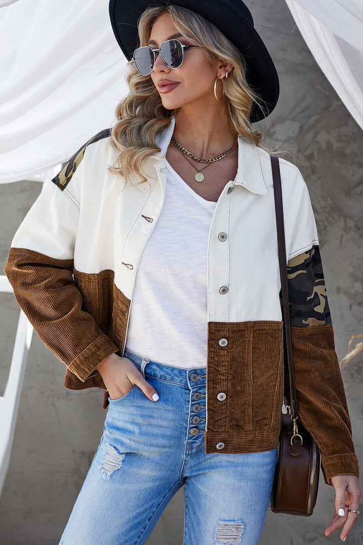 Drune | Leopard Farbblock Knopfleiste Cord Baumwolljacke