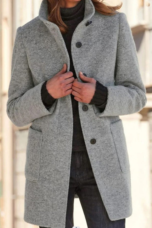 Drune | Unifarbene Knopf Stehkragen Wolljacke