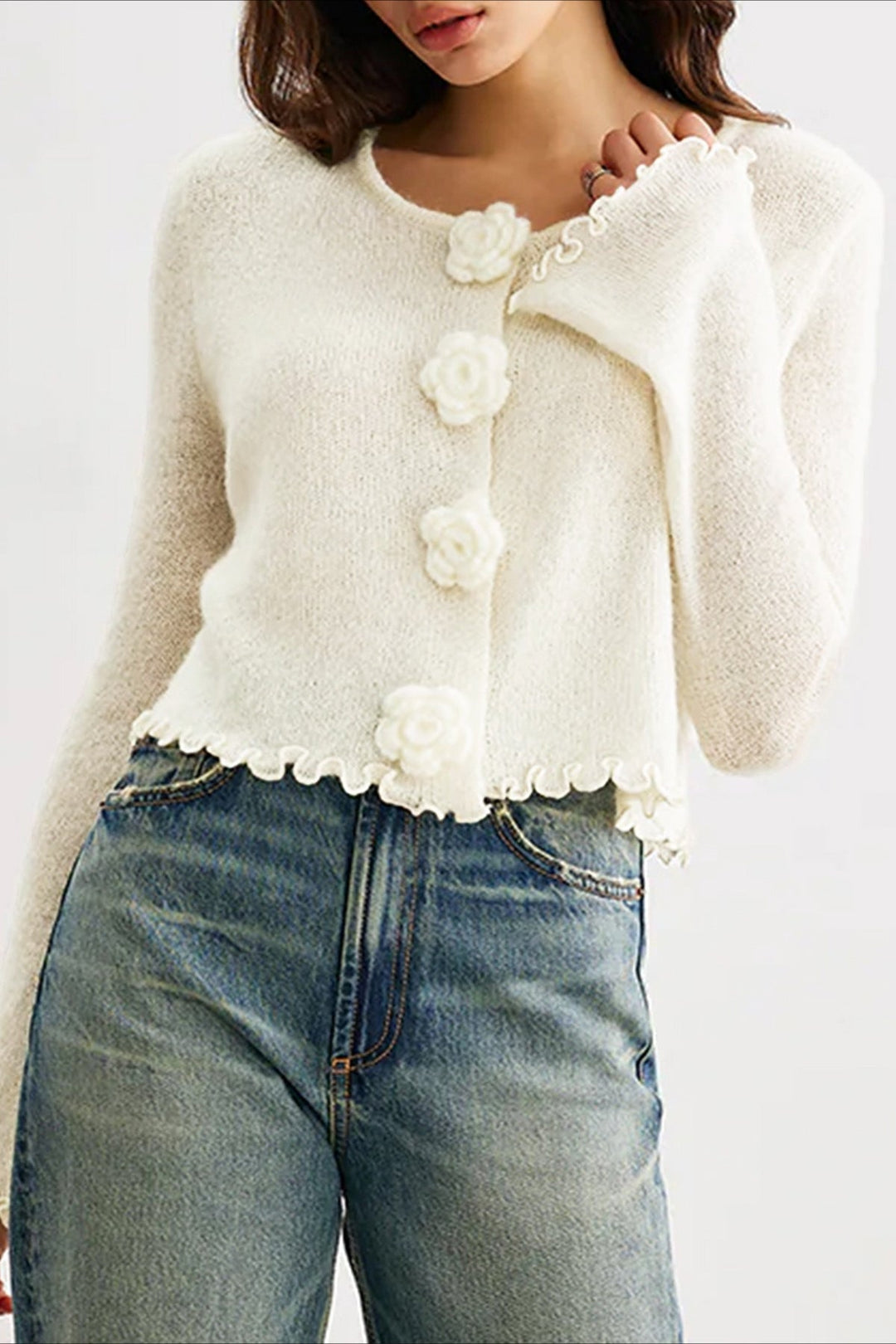 Drune | Slim, floral knit cardigan with ruffles