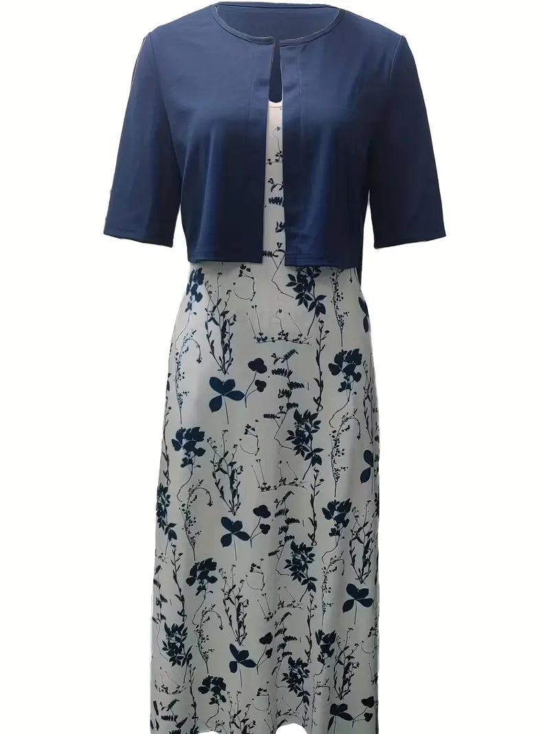 Drune – elegantes zweiteiliges blumenkleid-set mit einfarbigem crop-top und kleid mit rundhalsausschnitt