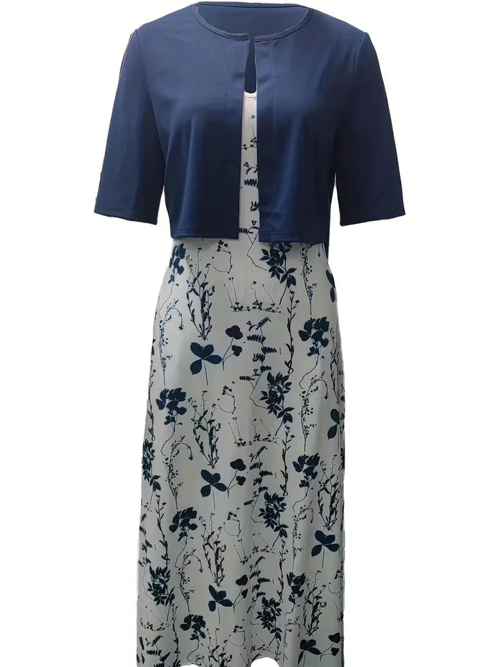 Drune – elegantes zweiteiliges blumenkleid-set mit einfarbigem crop-top und kleid mit rundhalsausschnitt