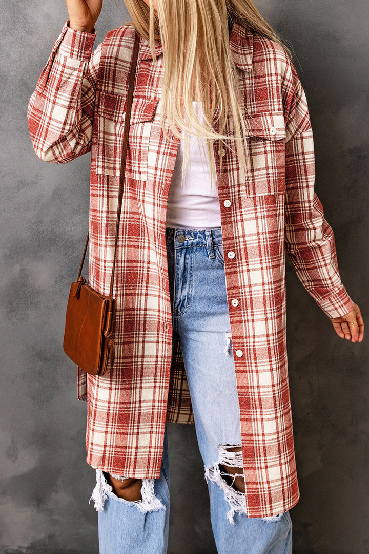 Drune | Karierter Button-Up Longline Shacket mit Brusttaschen