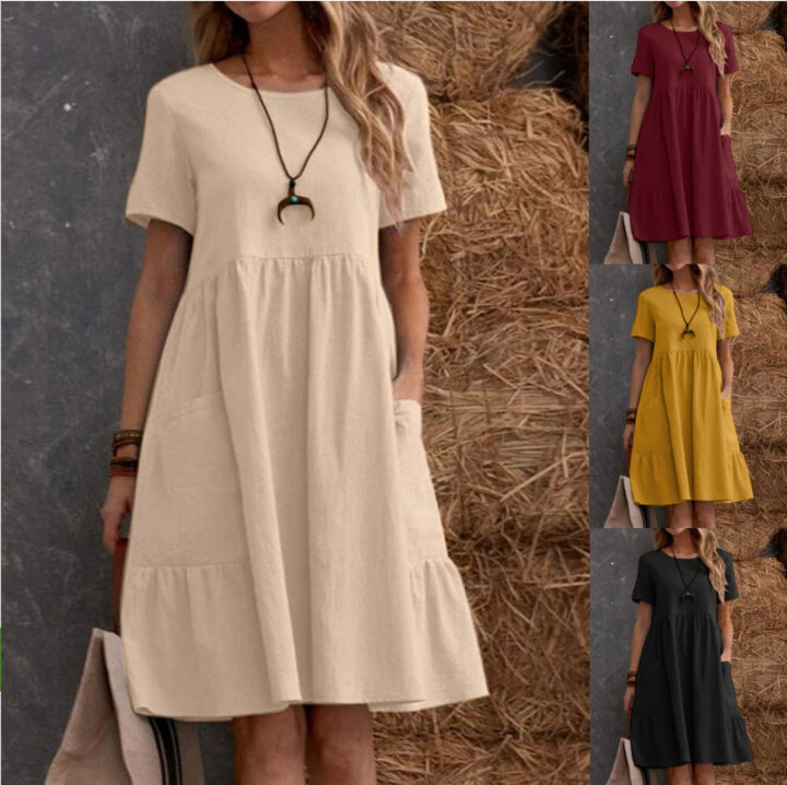 Drune | Lose Tasche einfarbig Rundhalsausschnitt Kleid