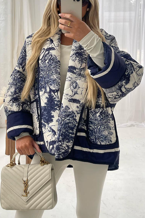 Drune | Songs Porzellan Tinte Bedruckte Tasche Gesteppt Baumwolle Kimono Jacke