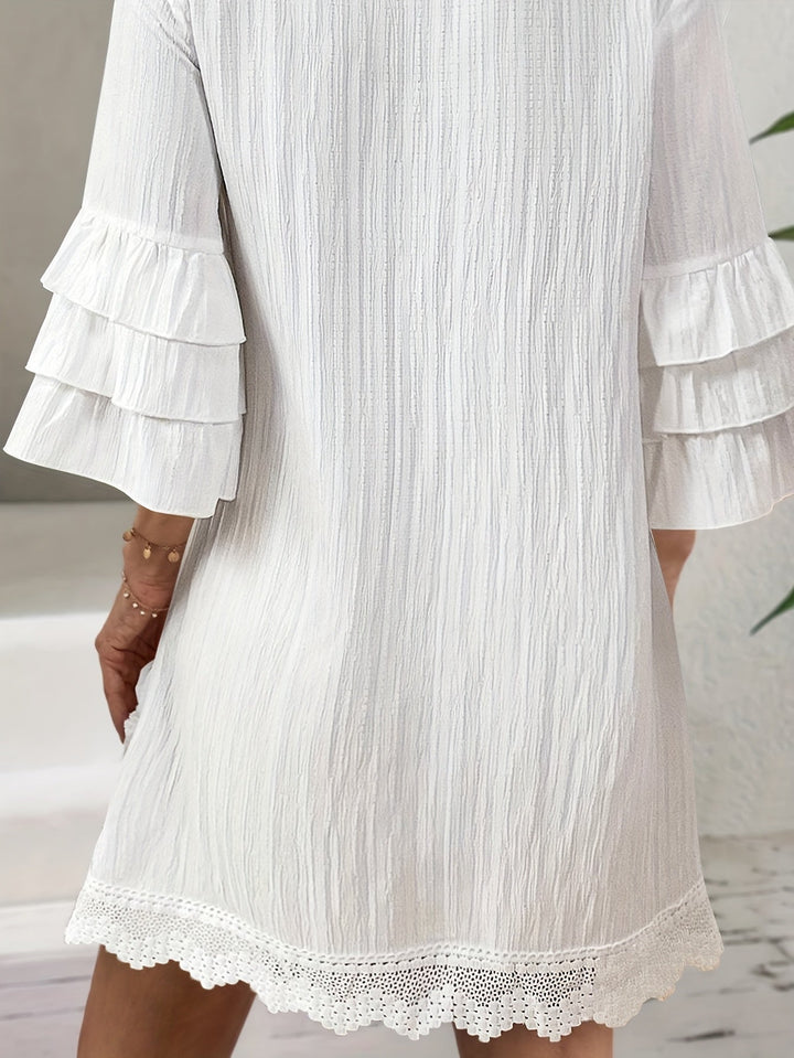 Drune | Damenkleid mit Stickerei und Pompons 3/4 Ärmel Weiß