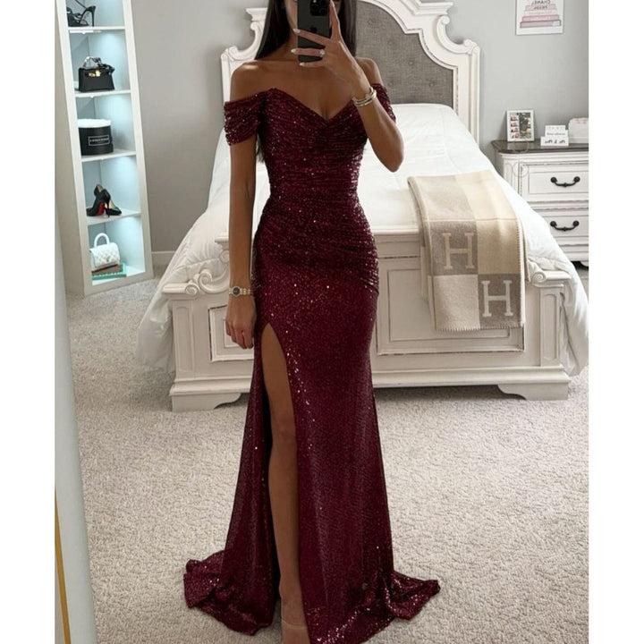 Drune | Off Shoulder Abendkleid Mit Pailletten Elegantes Partykleid Mit Schlitz Und Figurbetontem Schnitt Für Festliche Anlässe