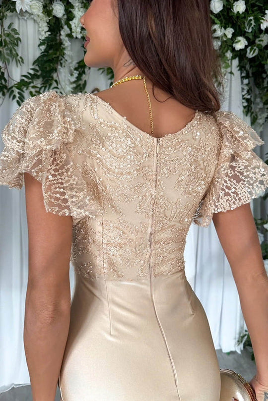 Drune | Traumhafte Luxus Spitze und Satin Patchwork Rüschenausgestellte Midi Kleid