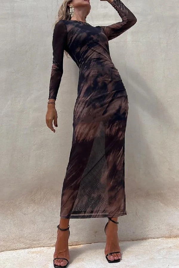 Drune | Charm Lady Mesh Overlay Tie Dye Print Langarm Rüsch Stretch Midi Kleid