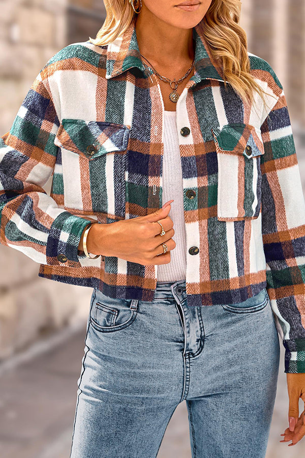 Drune | Pocket Fashion Casual Cropped Damen Karierte Jacke