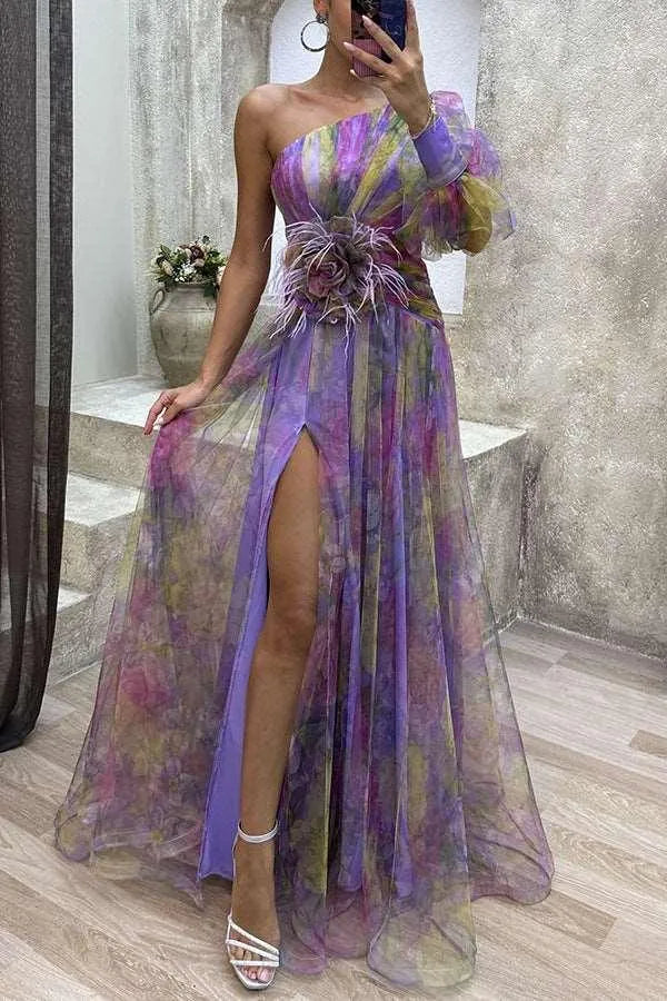 Drune | Long party dress with off-the-shoulder, split print.