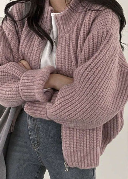 Drune | Reißverschluss Chunky Strickcardigan - Oversized Rippstrickjacke